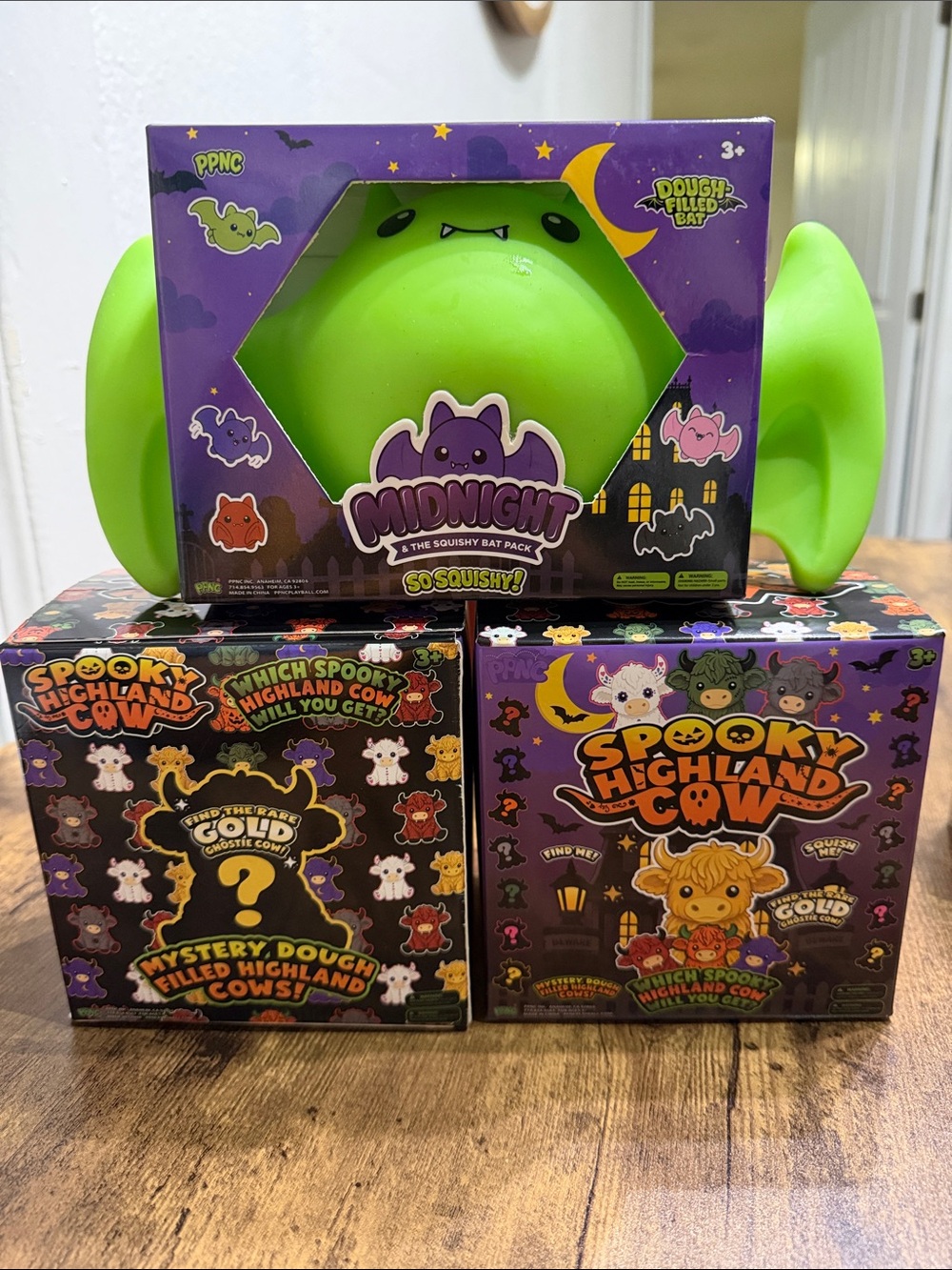 Set of THREE 3 Midnight Squishy Bat & 2 Spooky blind Boxes sealed Highland Cows